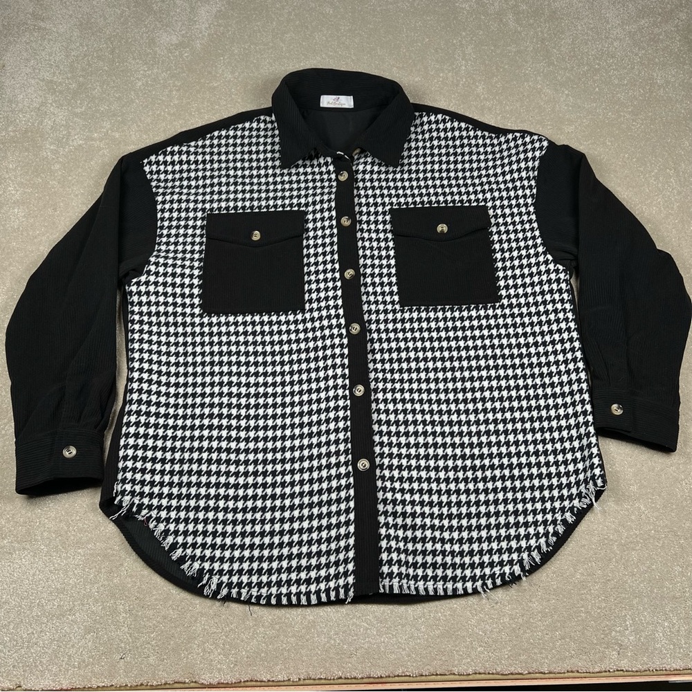 Houndstooth Ribbed Black Corduroy Patch Pocket Raw Hem Button Up Shirt womens XL